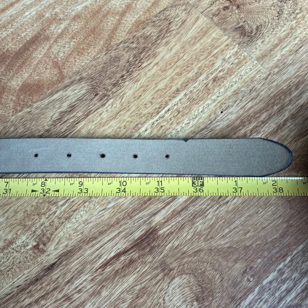 Vintage Navy Blue Leather Belt Gold Scalloped Buckle Medium Large Nautical